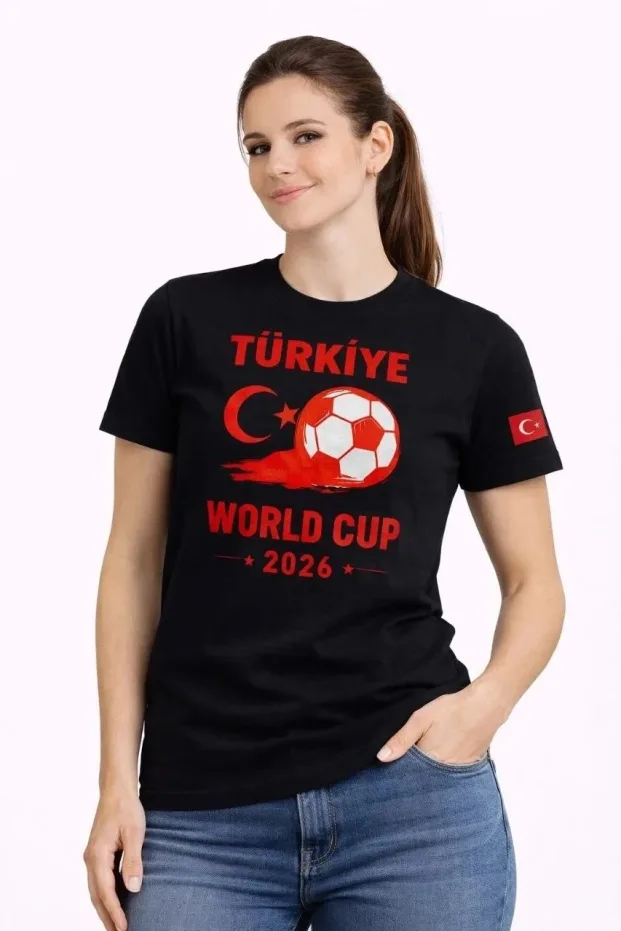 Kadın Siyah World Cup 2026 Baskılı Futbol Temalı Tişört 1