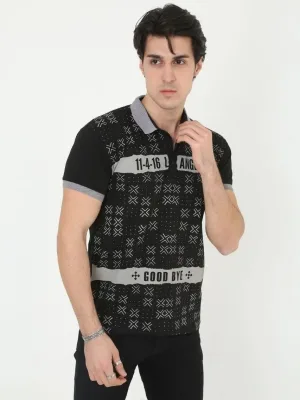 Pánské černé slim fit potištěné polo tričko, krátký rukáv