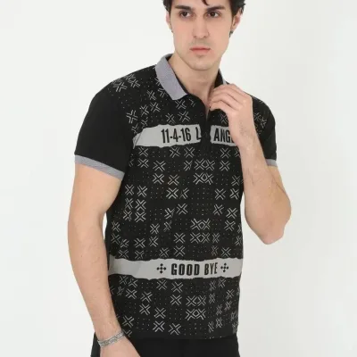 Pánské černé slim fit potištěné polo tričko, krátký rukáv 1