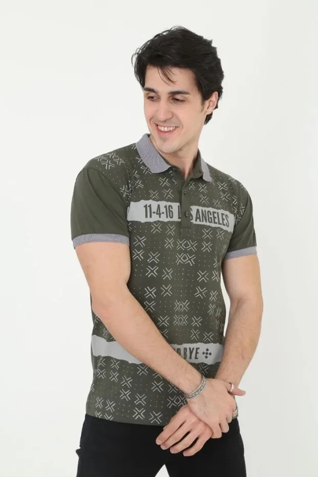 Чоловіча футболка-поло хакі slim fit з принтом, короткий рукав 4