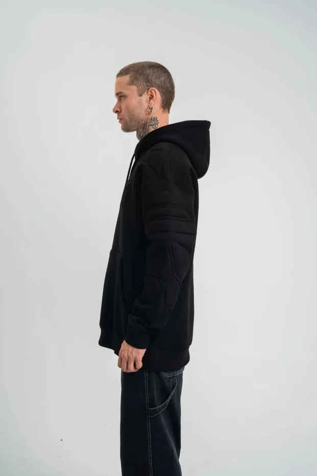 Sweatshirtê Mêran ê Reş Oversize 3 Têl Pembû Bi Kapek û Nexşkirî 4