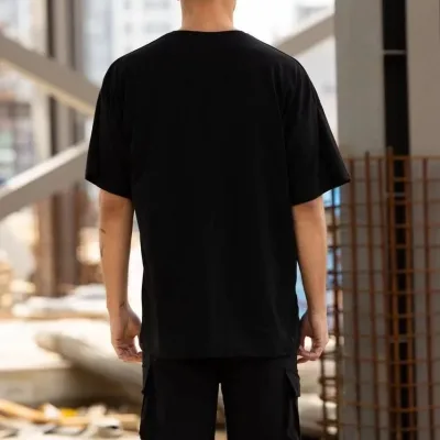 Kişi Qara Regular Bisiklet Yaka Baskılı T-shirt 2