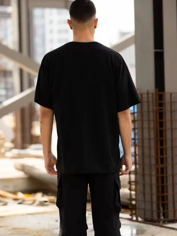 Kişi Qara Regular Bisiklet Yaka Baskılı T-shirt 2
