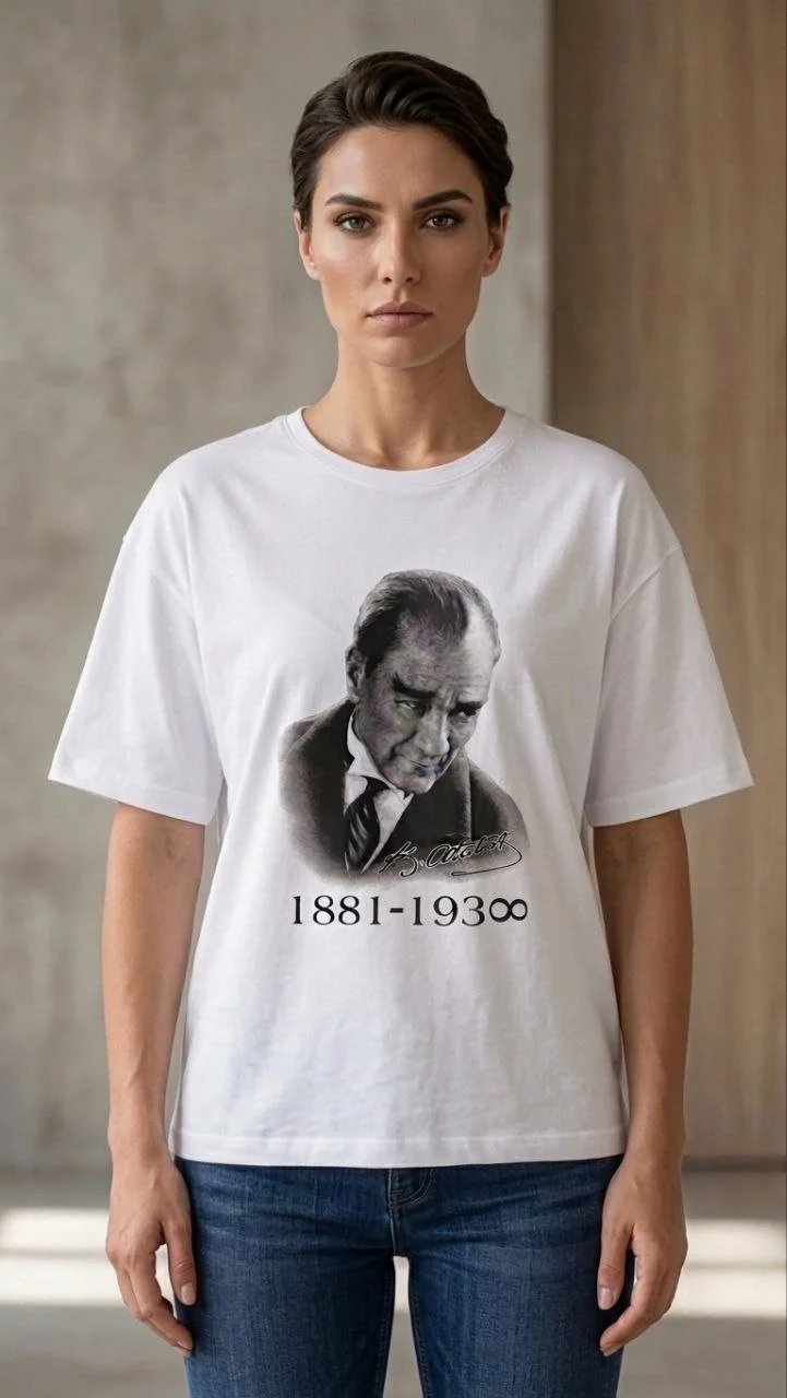 Tîşorta Jinan Spî Bi Stûyê Bisîkletê Û Çapa Atatürk 3