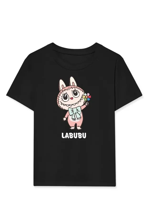 Kız Siyah Labubu Baskılı Oversize Tişört 1