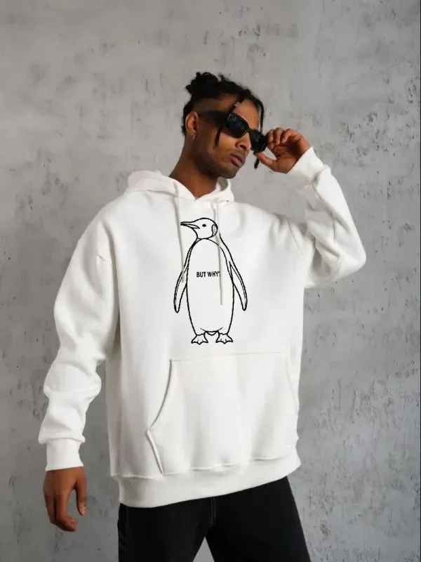 Sweatshirtê Mêran ê Spî 3 Têl Pembû Kêşkêş Penguen Çapkirî 1