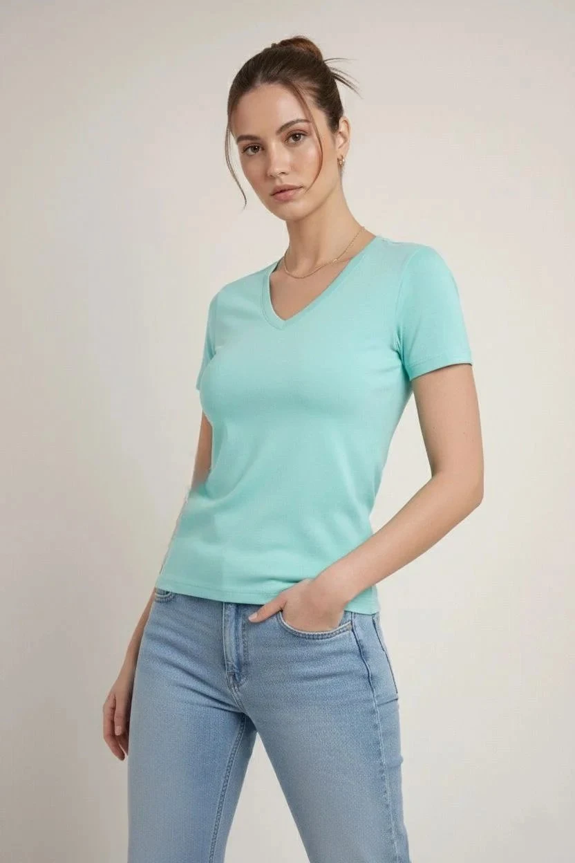 Femeie Tricou Basic Turcoaz Slim Fit cu Guler V, Elastan