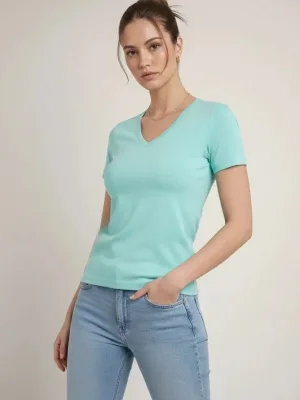 Femeie Tricou Basic Turcoaz Slim Fit cu Guler V, Elastan