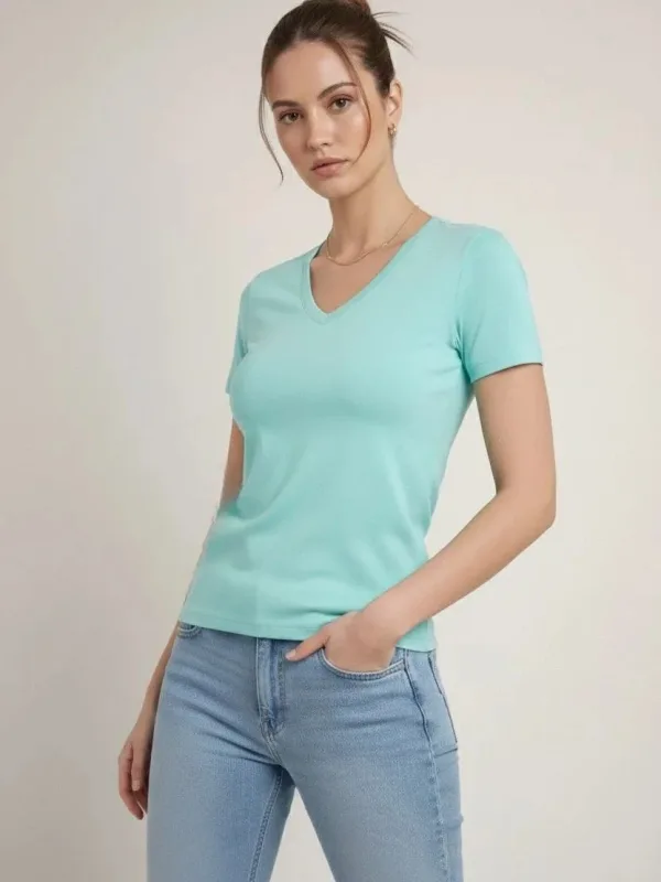 Femeie Tricou Basic Turcoaz Slim Fit cu Guler V, Elastan 1