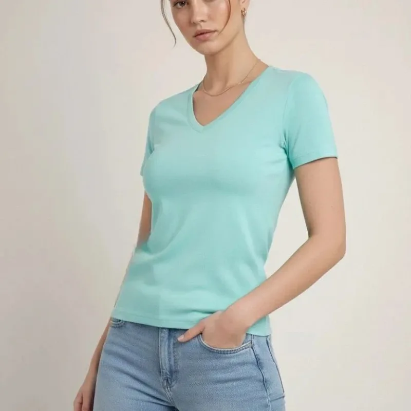 Ženska tirkizna slim fit V kragna sa likrom basic majica