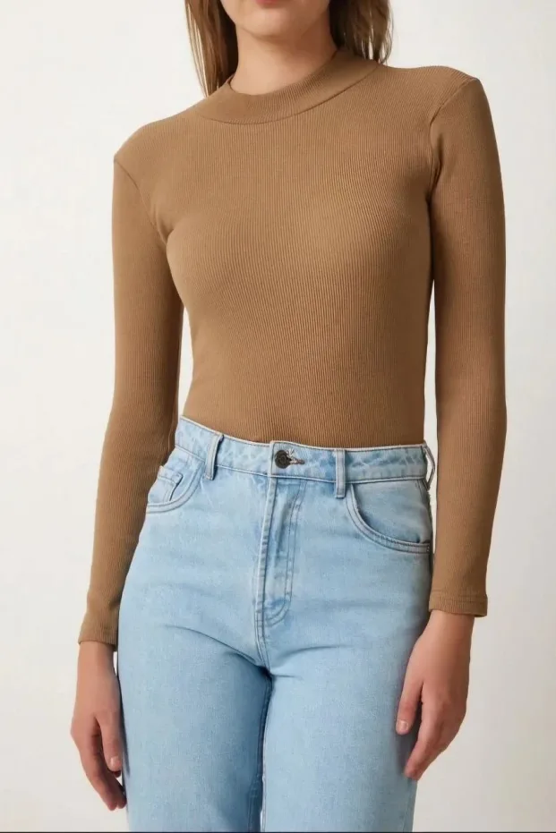 Női barna teljes spandex bordázott kasmír body 4