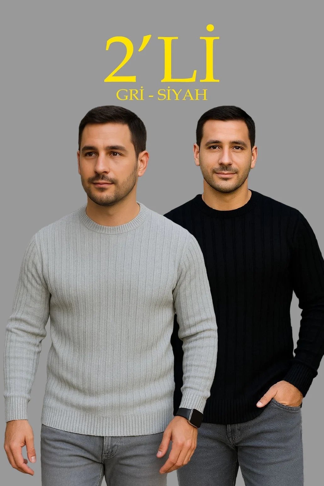 Erkek 2'li Set Fitilli Kalın Pamuklu Regular Bisiklet Yaka Triko Kazak