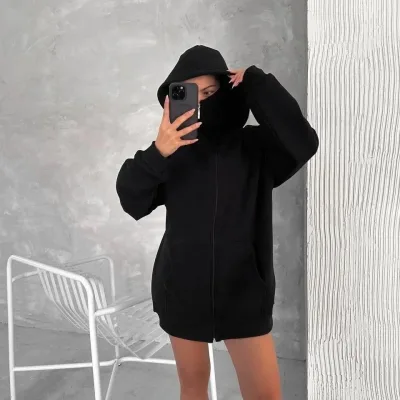 Femeie Neagră 3 Fire Dublă Glugă Mască Detalii Hoodie 8