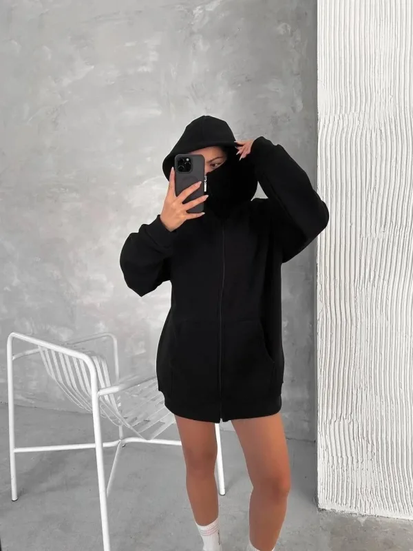 Femeie Neagră 3 Fire Dublă Glugă Mască Detalii Hoodie 8