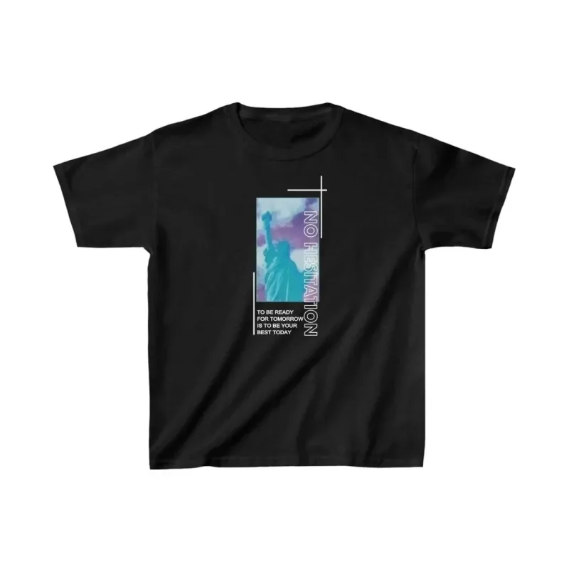 Children's Black Oversize Printed Round Neck T-Shirt