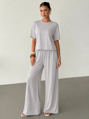 Kadın Gri Oversize Bisiklet Yaka Baskılı Takım