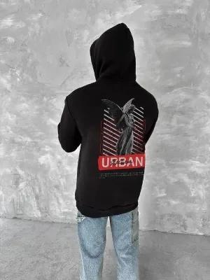 Muška crna 3-nitna pamučna kapuljača s printom i kengur džepom sweatshirt
