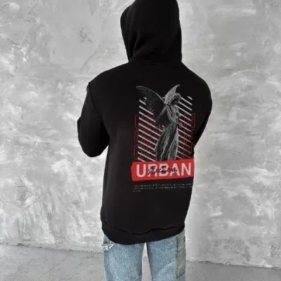 Muška crna 3-nitna pamučna kapuljača s printom i kengur džepom sweatshirt 1