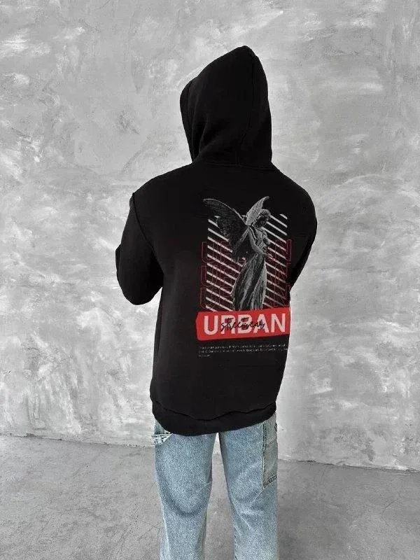 Muška crna 3-nitna pamučna kapuljača s printom i kengur džepom sweatshirt 1