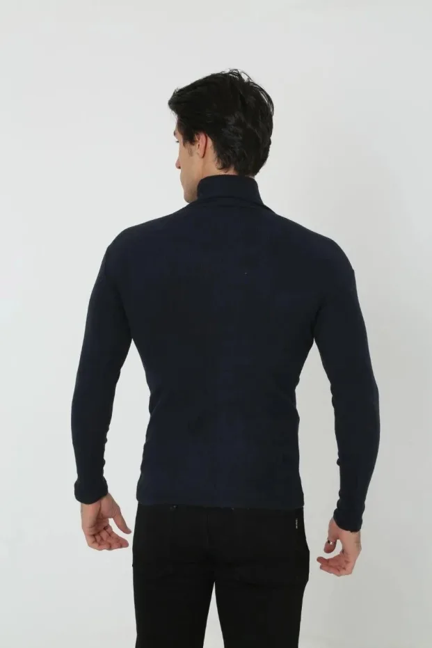 Férfi Fekete Slim Fit Likralı Bordázott Turtleneck Body 4