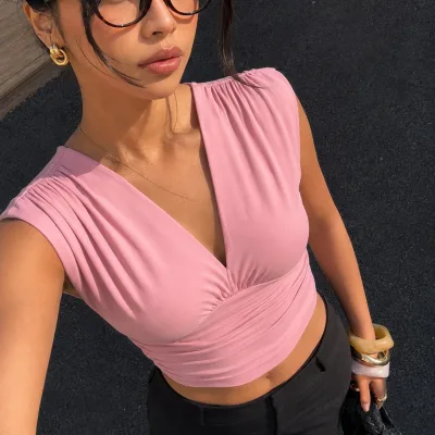 Women's Pink Padded Sleeveless V-Neck Draped Stretchy Crop Blouse 5