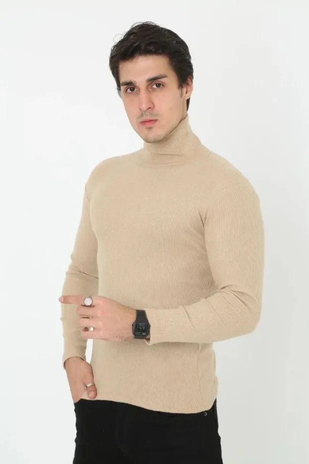Erkek Bej Slim Fitilli Likralı Boğazlı Body 2