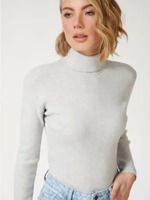 Damski szary sweter body z golfem, prążkowany, z lycry