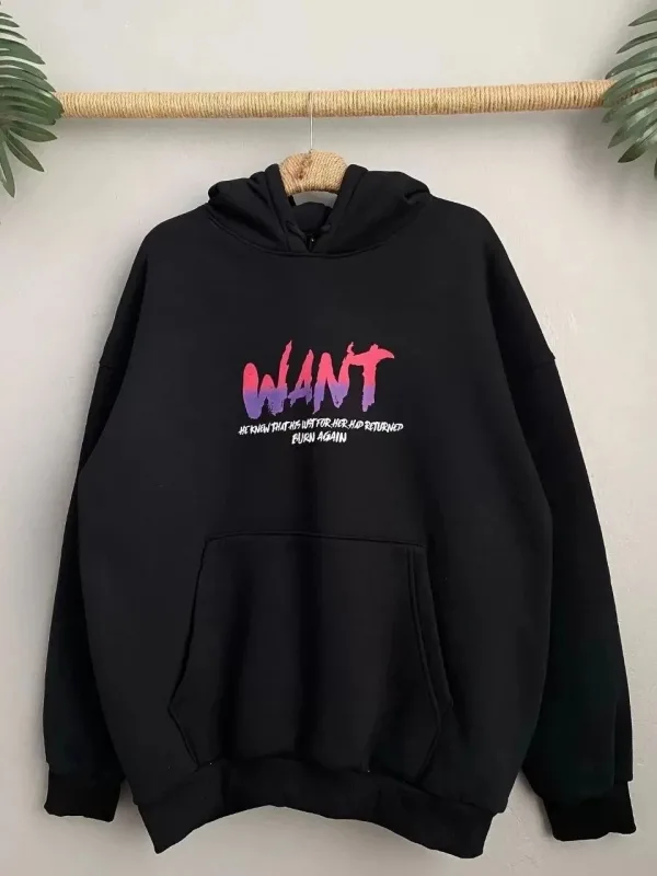 Dámsky čierny oversize kapucňový s vreckom potlačený bavlnený sweatshirt 3