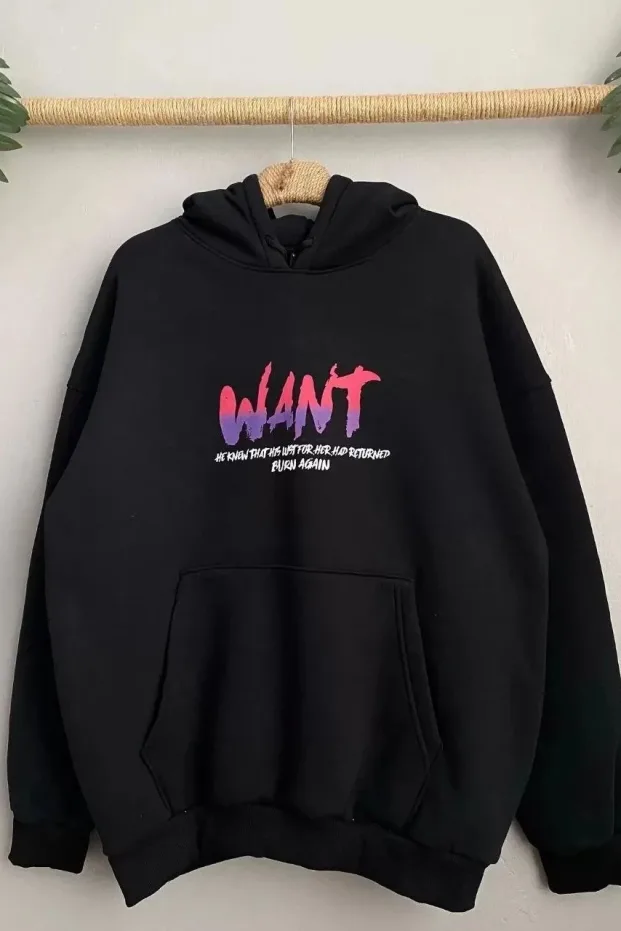 Ženska crna oversize kapuljača s džepovima, tiskani pamučni sweatshirt 3