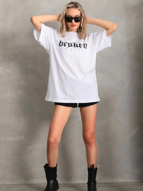 Bluzë e bardhë për femra, oversize, me jakë biçiklete, të printuar 6