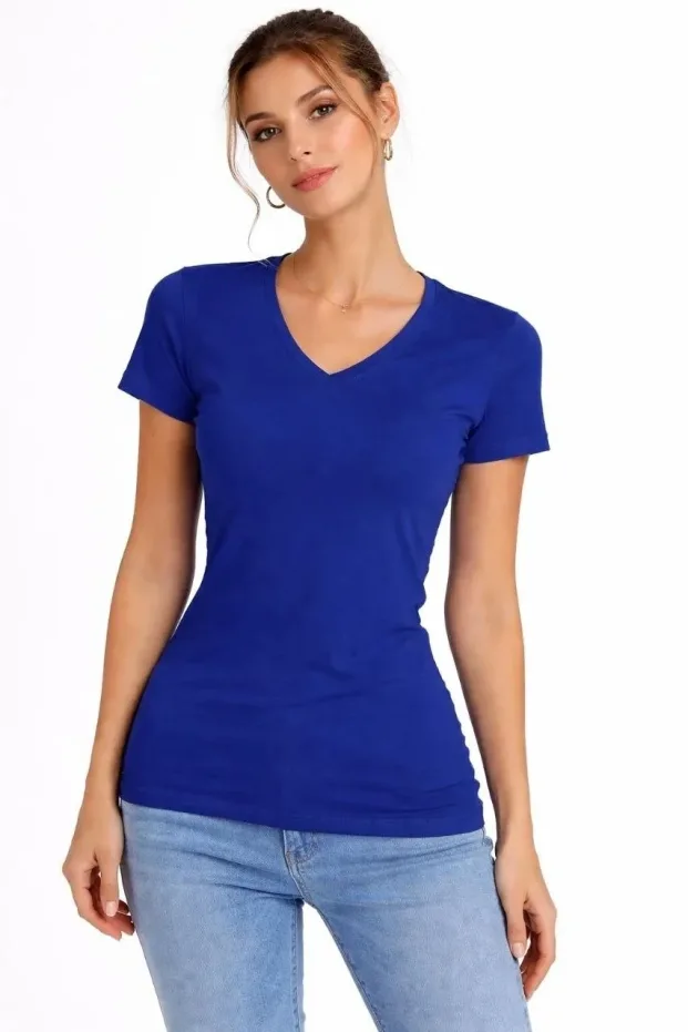 Damski zestaw 2 sztuk T-shirtów slim fit z dekoltem w serek, krótki rękaw 2