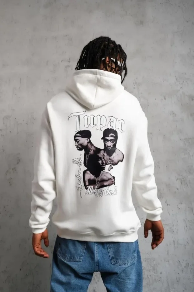 Burrë Bluza e bardhë, 3 fije pambuku, me xhep kanguri të printuar, hoodie 1
