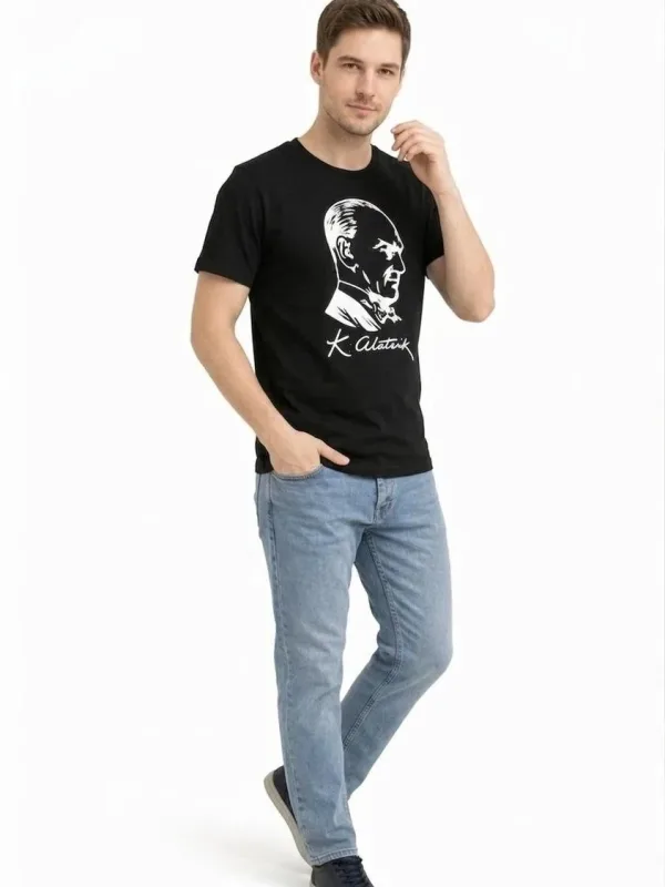 Man Black Ataturk Printed Crew Neck T-Shirt 2