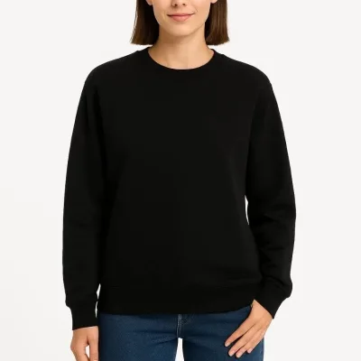 Női Fekete 3 Szálas Pamut Sima Kerékpárnyakú Sweatshirt 4