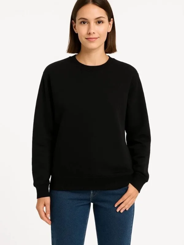 Női Fekete 3 Szálas Pamut Sima Kerékpárnyakú Sweatshirt 4