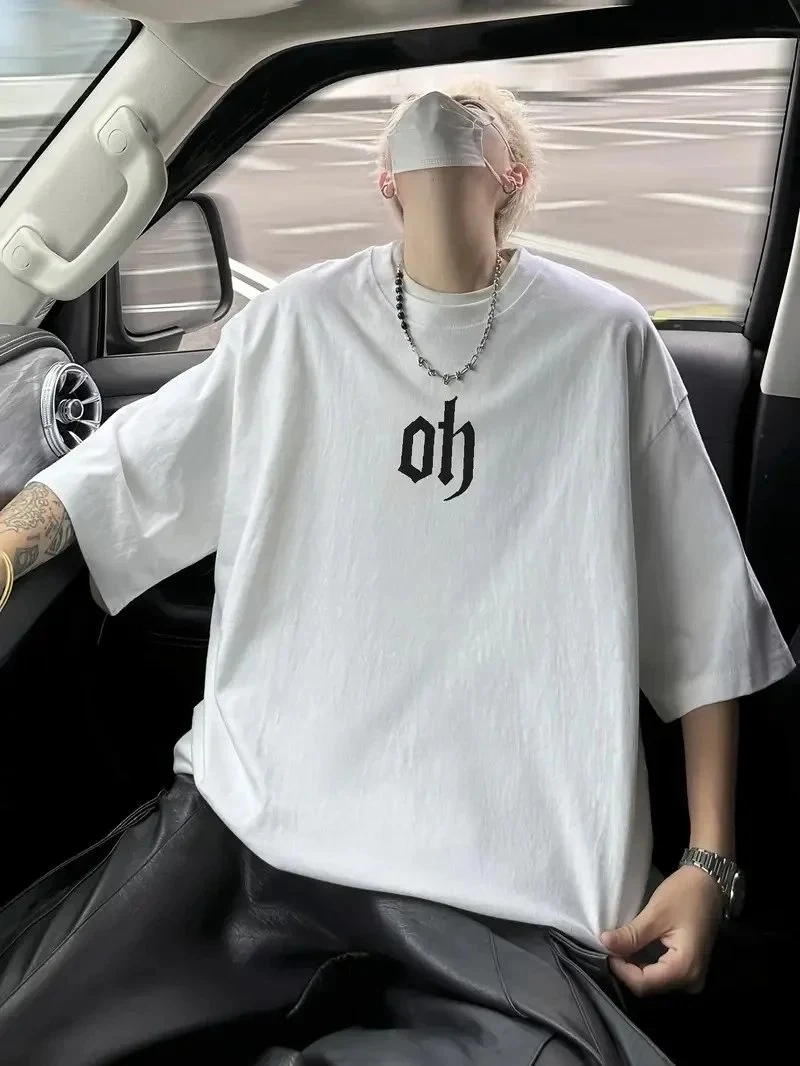 Машки бел oversize бицикли јака принт летна маица