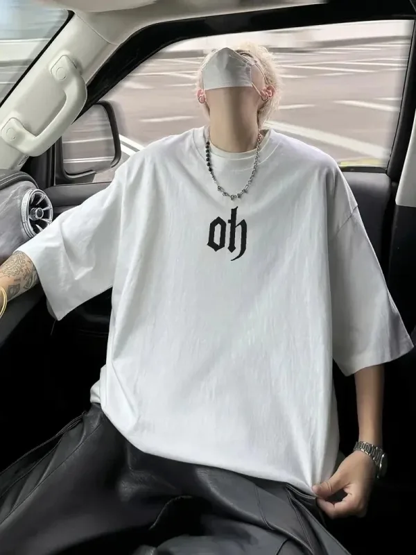Машки бел oversize бицикли јака принт летна маица 1
