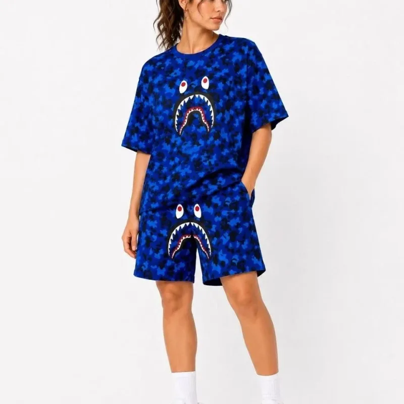 Femeie Albastru Oversize Brodat Cu Buzunare Costum Scurt