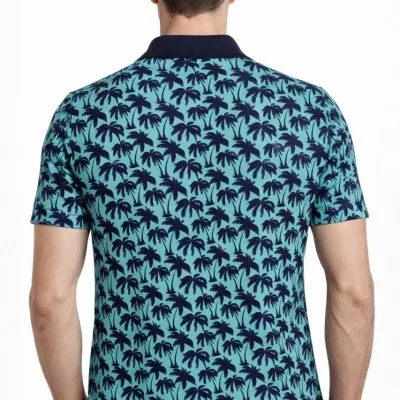 Man Turquoise Pique Fabric Palm Patterned Polo Collar T-Shirt 3