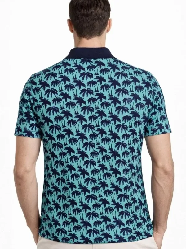 Man Turquoise Pique Fabric Palm Patterned Polo Collar T-Shirt 3