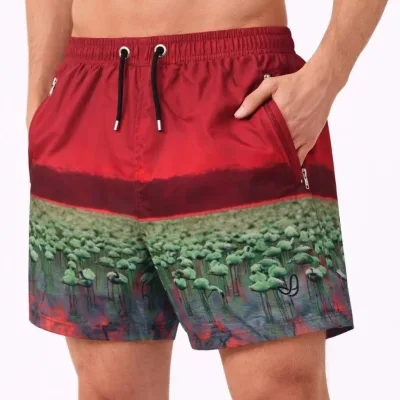 Men's Red Zippered Pocket Mesh Lined Quick-Dry Swim Shorts 1