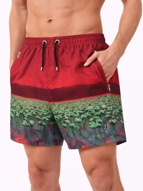 Men's Red Zippered Pocket Mesh Lined Quick-Dry Swim Shorts 1