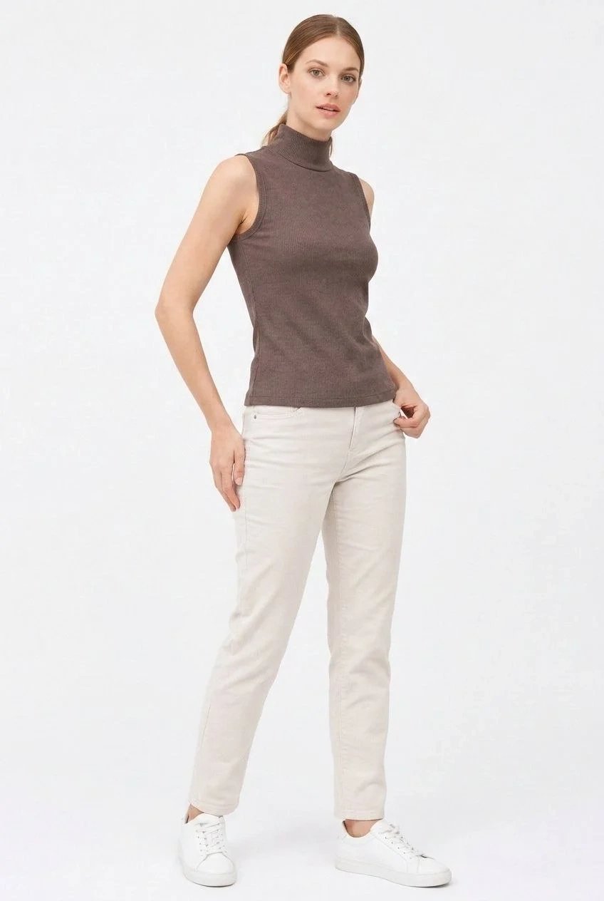 Women's Brown Ribbed Half Turtleneck Bodysuit Blouse 4