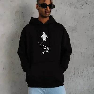 Men's Black 3-Thread Cotton Hooded Penguin Printed Sweatshirt 2
