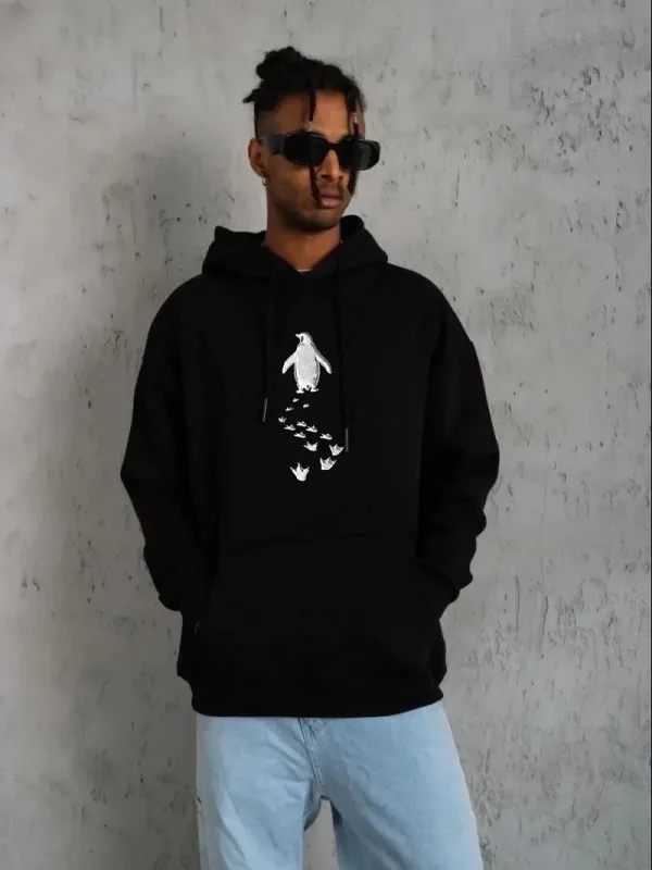 Men's Black 3-Thread Cotton Hooded Penguin Printed Sweatshirt 2