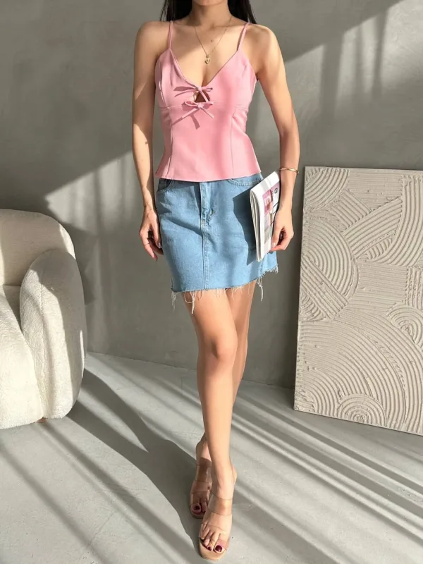 İp Askılı Yay Detallı Krepli Bluz Pudra 2