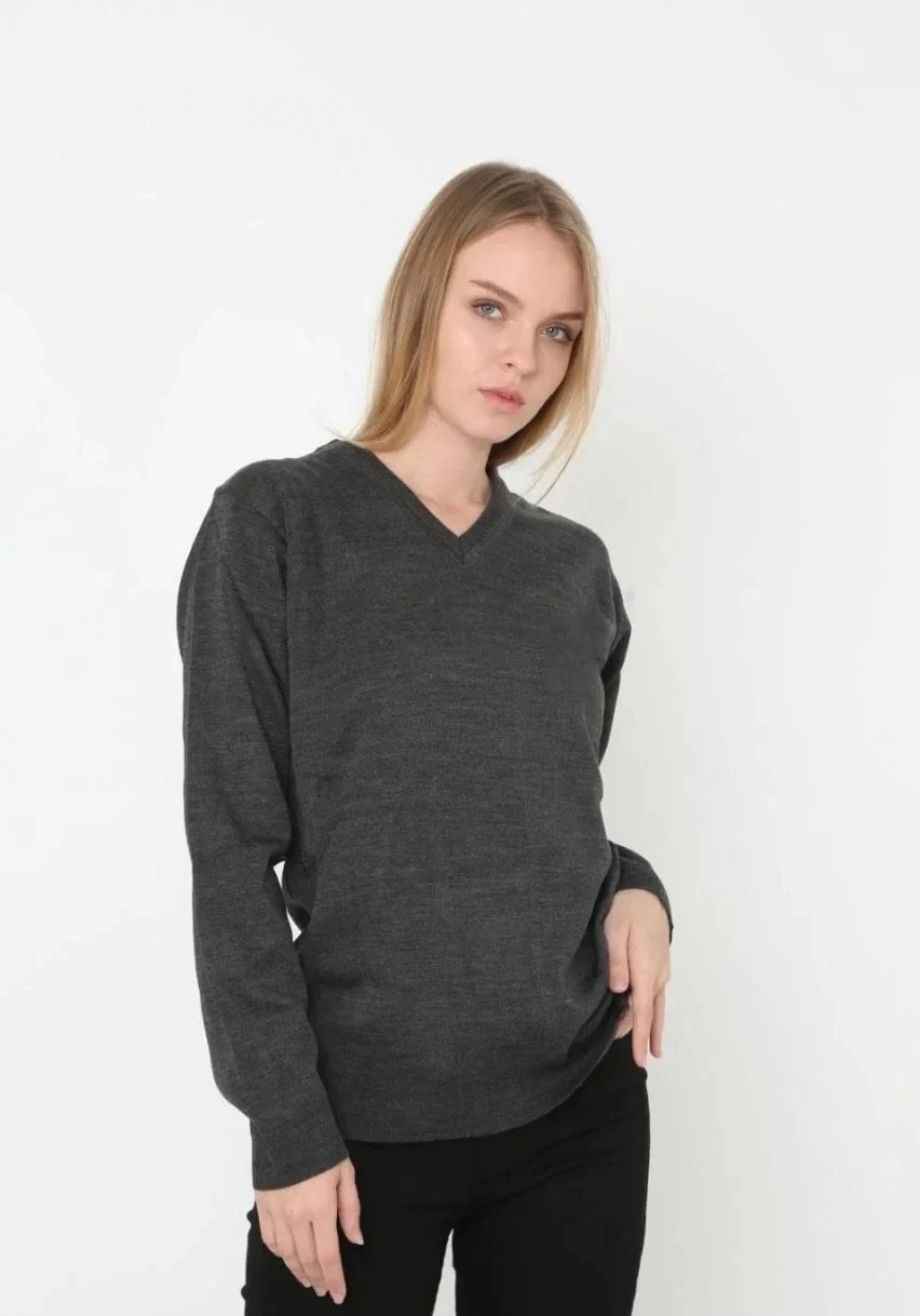 Women Anthracite Plain Woven V-Neck Long Sleeve Knit Sweater