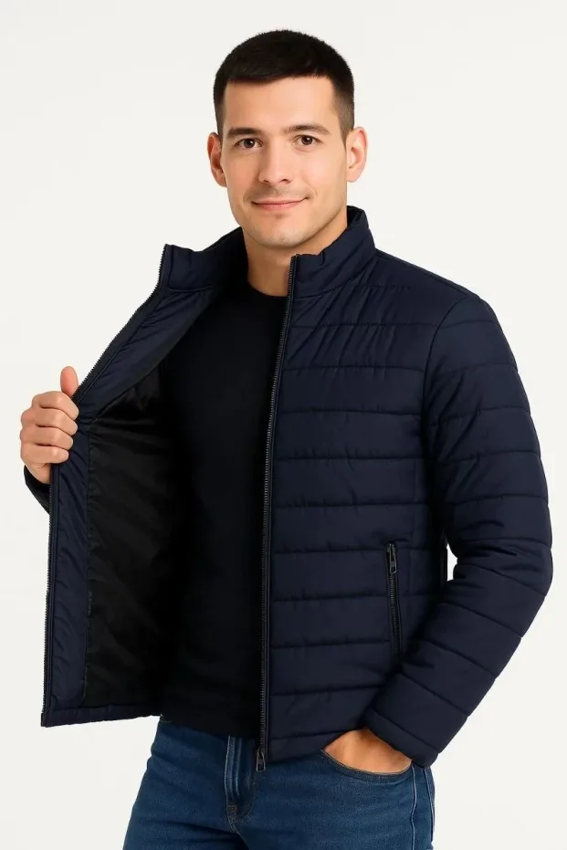 Men's Navy Water-Repellent Quilted Lined Zippered Bomber Jacket 1