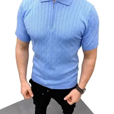 Pánské baby modré copánkový pletený krátký rukáv zip polo tričko 3