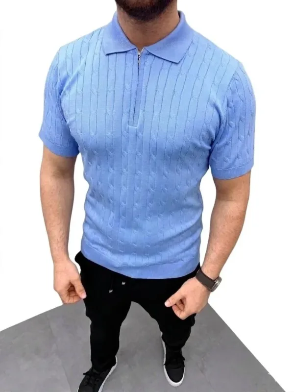 Pánské baby modré copánkový pletený krátký rukáv zip polo tričko 3